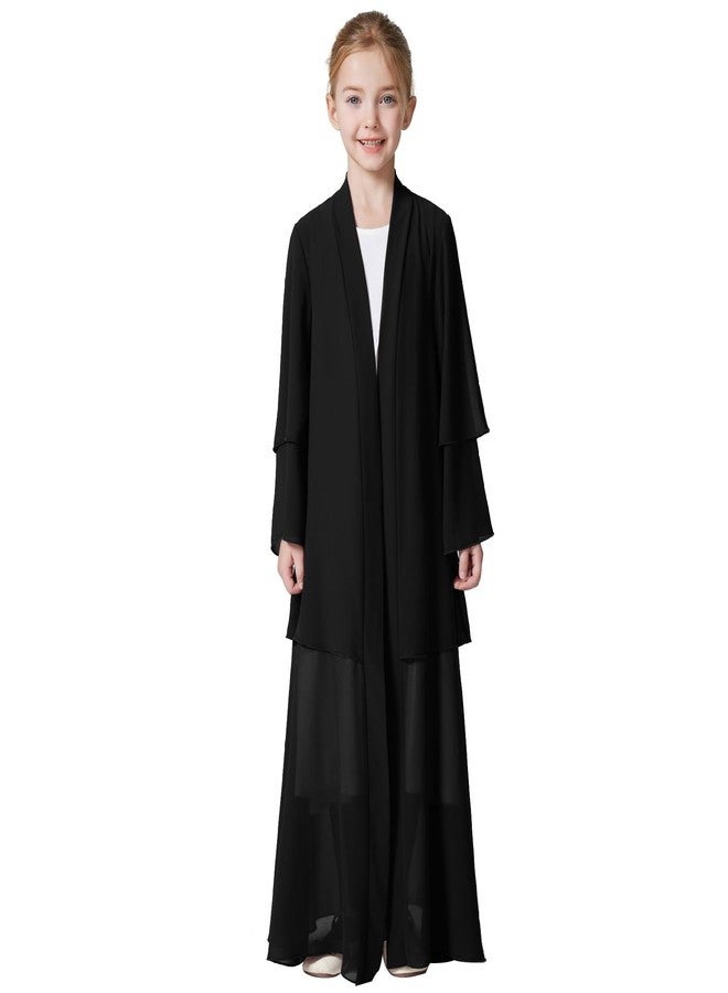 ODIZLI Muslim Chiffon Abaya for Girls Open Front Cardigan Modest Abayas Dresses Middle East Arabian Islamic Long Robe Dress for Kids Church Eid Ramadan Robe Prayer Dress For Girls Black + Hijab 11-12 Years - Image 1